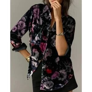 Pilcro Hadley Relaxed Button Shirt Velvet Floral Women's Medium Dark Romantic